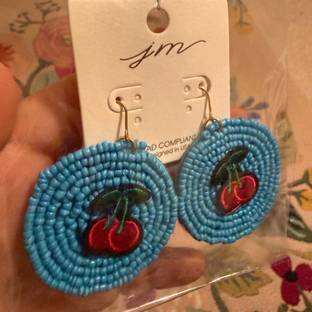 Blue Beaded Cherry Earrings - Picture 3 of 6